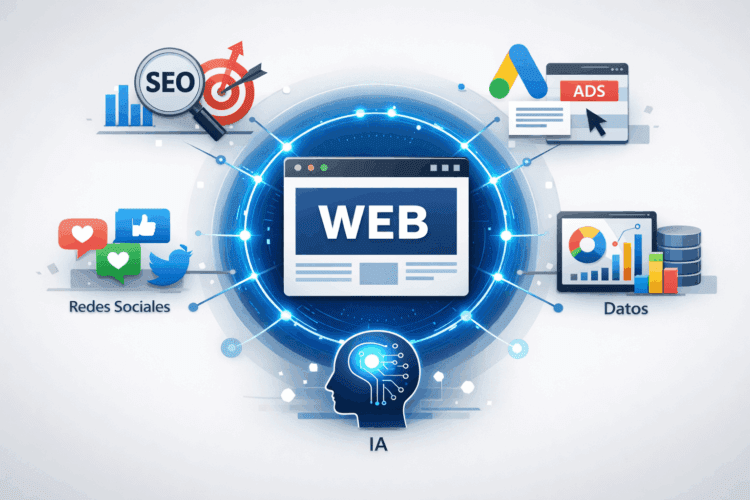 Ilustración del sitio web como núcleo del ecosistema digital con SEO, Google Ads, redes sociales, datos e inteligencia artificial