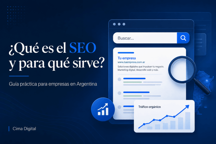 “Qué es el SEO y para qué sirve”, con buscador, resultados orgánicos y gráfico de crecimiento de tráfico para empresas en Argentina.
