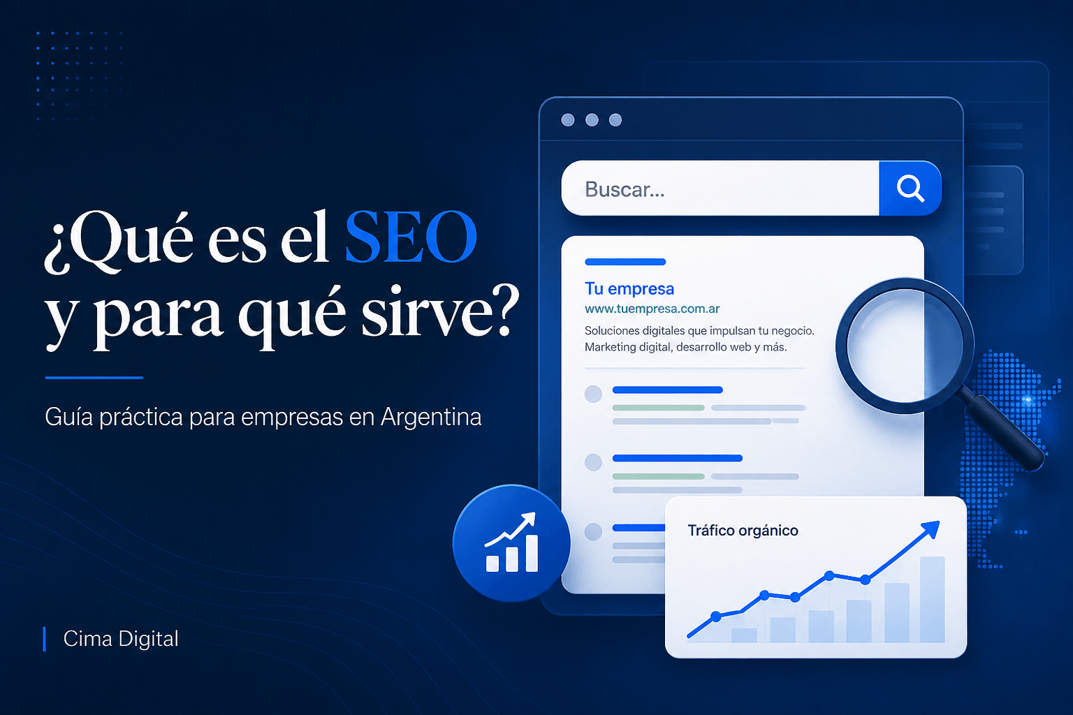 “Qué es el SEO y para qué sirve”, con buscador, resultados orgánicos y gráfico de crecimiento de tráfico para empresas en Argentina.
