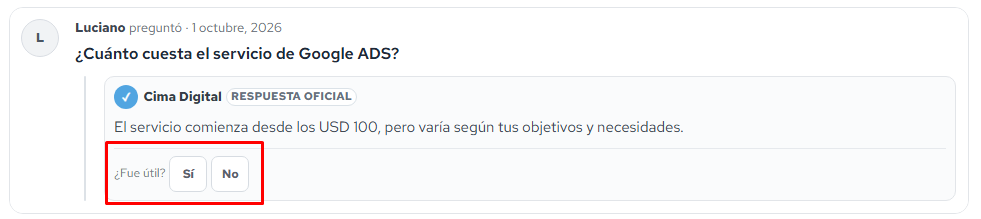 Botones para valorar si una respuesta fue útil