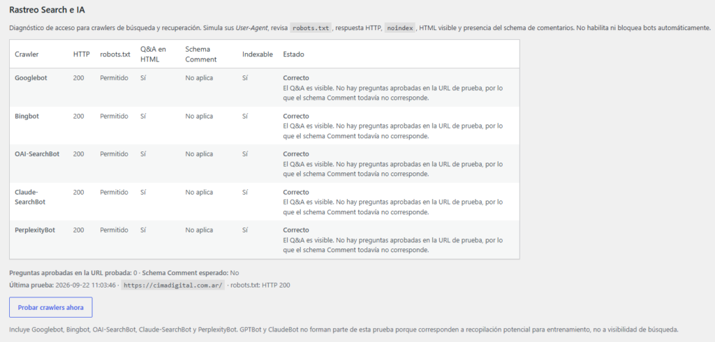 Diagnóstico de acceso de buscadores y bots de IA